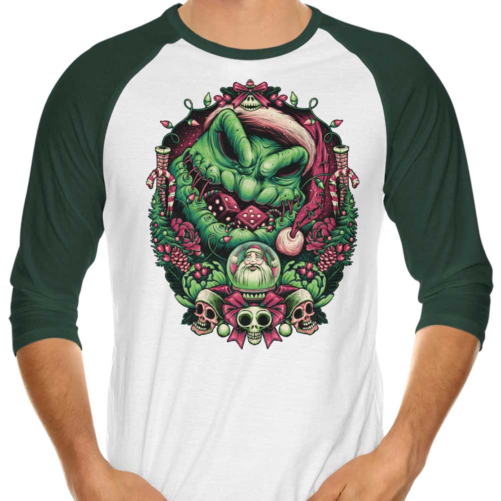 Festive Christmas Boogeyman 3/4 Sleeve Raglan Style T-Shirt for a Spooky Season