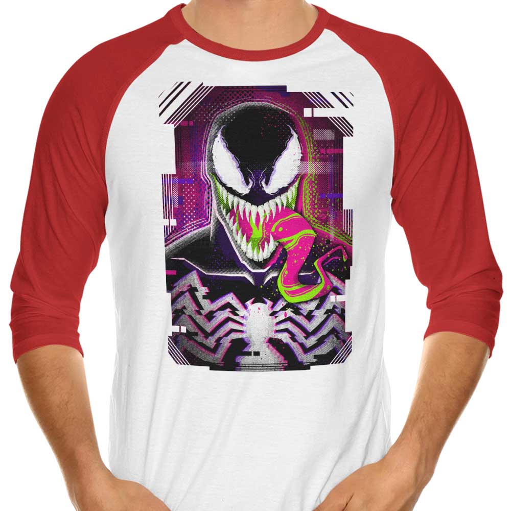 Glitched Symbiote Design 3/4 Sleeve Raglan Style T-Shirt for Fashion Enthusiasts