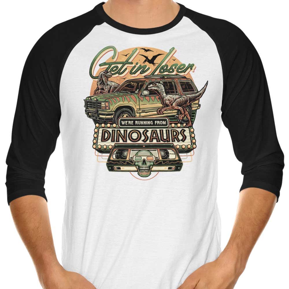 Momma Gorilla's 'We're Running from Dinosaurs' 3/4 Sleeve Raglan T-Shirt