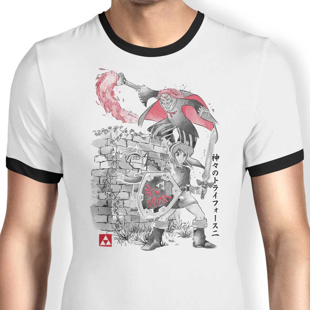 Dr. Monekers' Artistic 'Between Worlds Sumi - e' Men's Ringer Cotton T - Shirt
