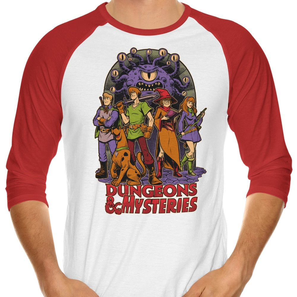 Dungeons and Mysteries Stylish 3/4 Sleeve Raglan Graphic T-Shirt for Fashion Enthusiasts