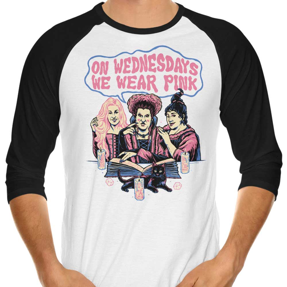 Pink-themed 3/4 Sleeve Raglan T-Shirt with 'Witches Wear Pink' Design by Momma Gorilla