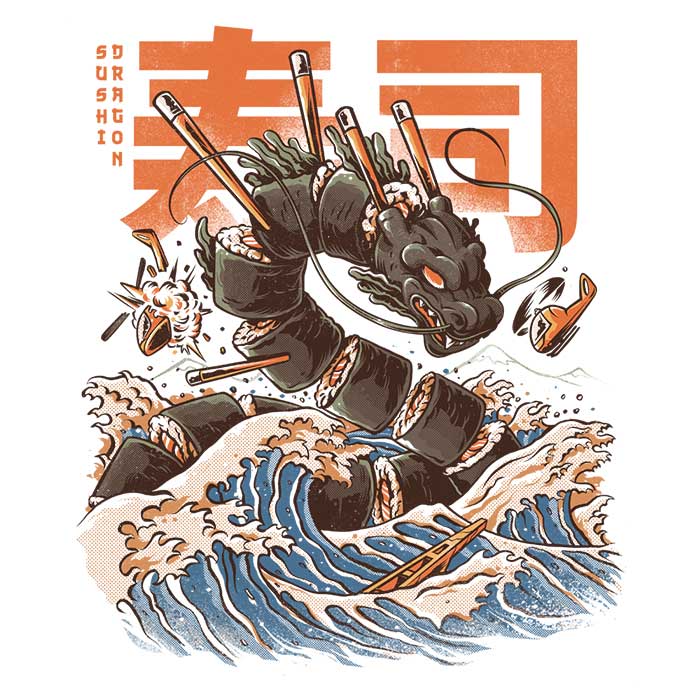 Fantastic Sushi Dragon 3/4 Sleeve Raglan Style T-Shirt