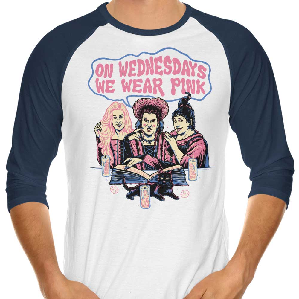 Pink-themed 3/4 Sleeve Raglan T-Shirt with 'Witches Wear Pink' Design by Momma Gorilla