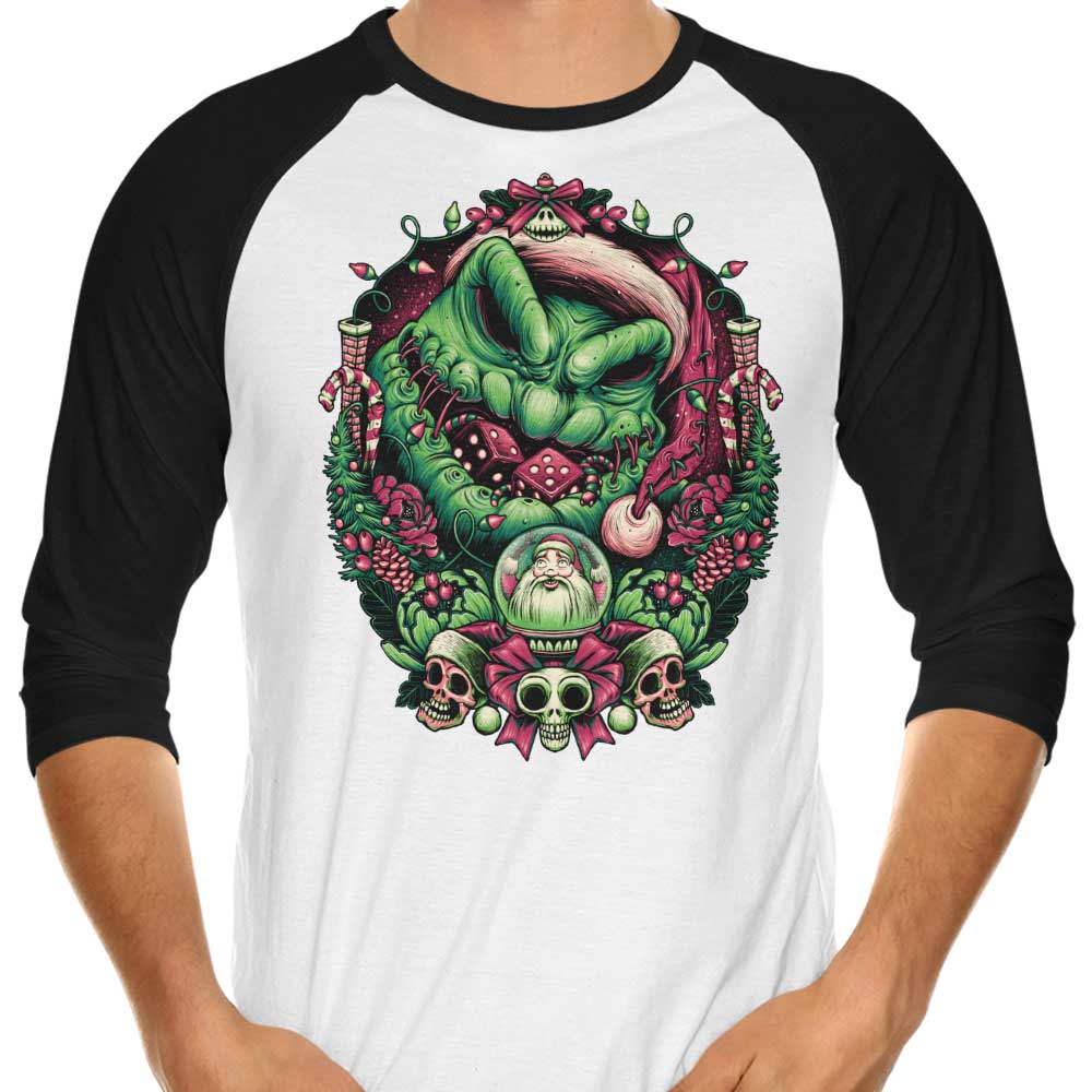 Festive Christmas Boogeyman 3/4 Sleeve Raglan Style T-Shirt for a Spooky Season