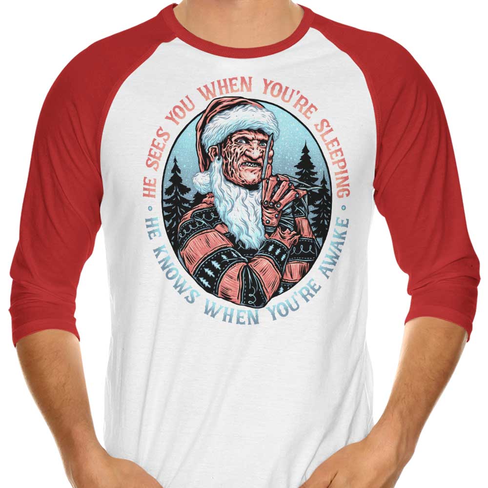 3/4 Sleeve Raglan Nightmare Santa T-Shirt for a Spooky Look