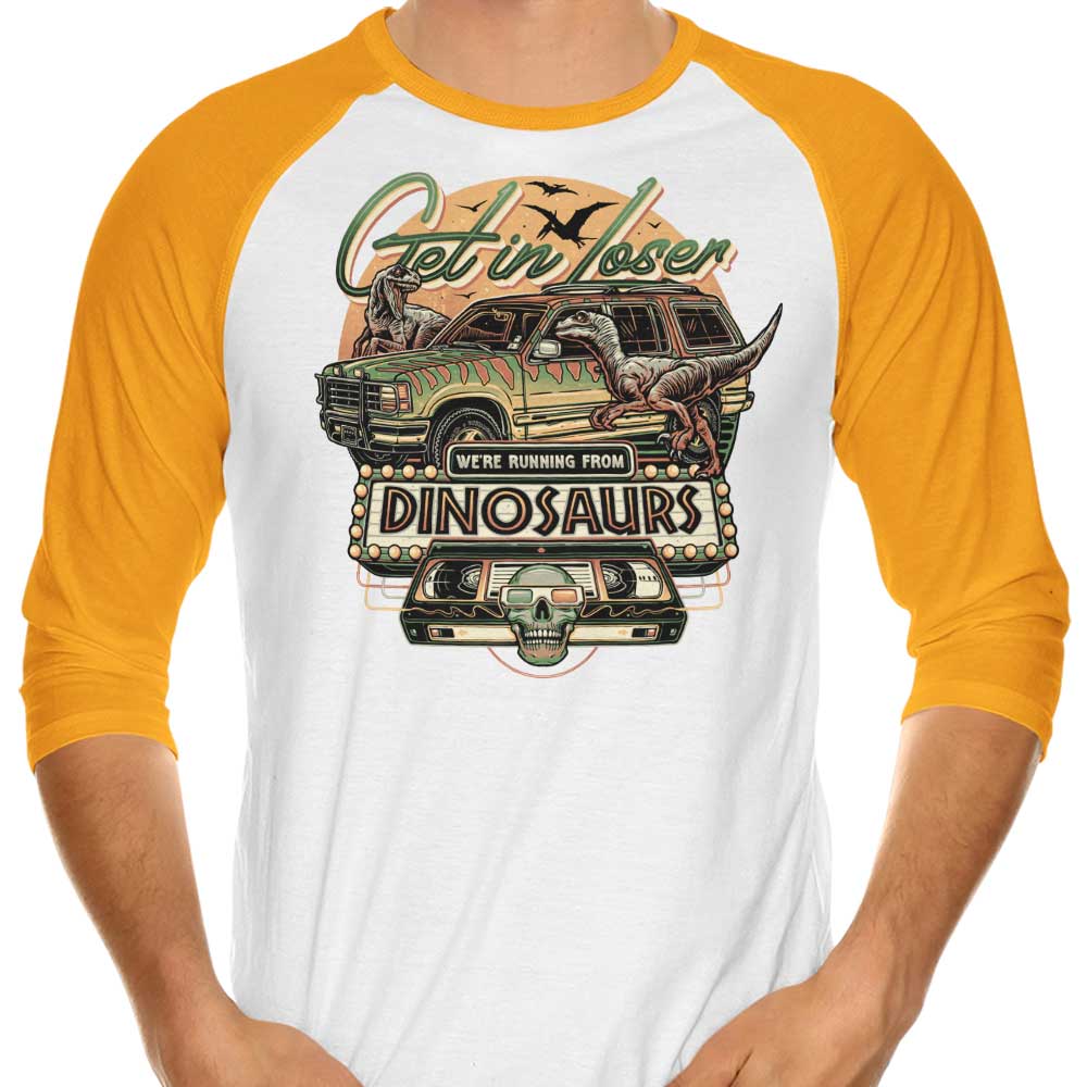 Momma Gorilla's 'We're Running from Dinosaurs' 3/4 Sleeve Raglan T-Shirt