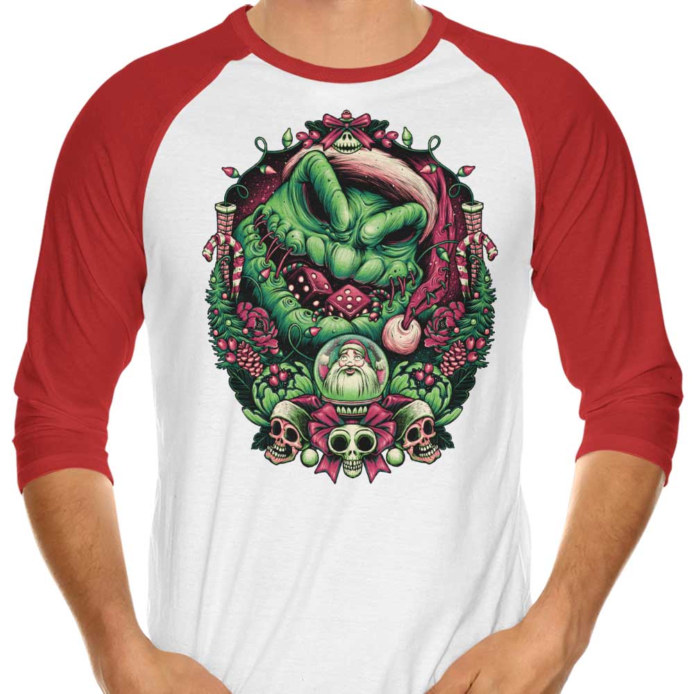 Festive Christmas Boogeyman 3/4 Sleeve Raglan Style T-Shirt for a Spooky Season