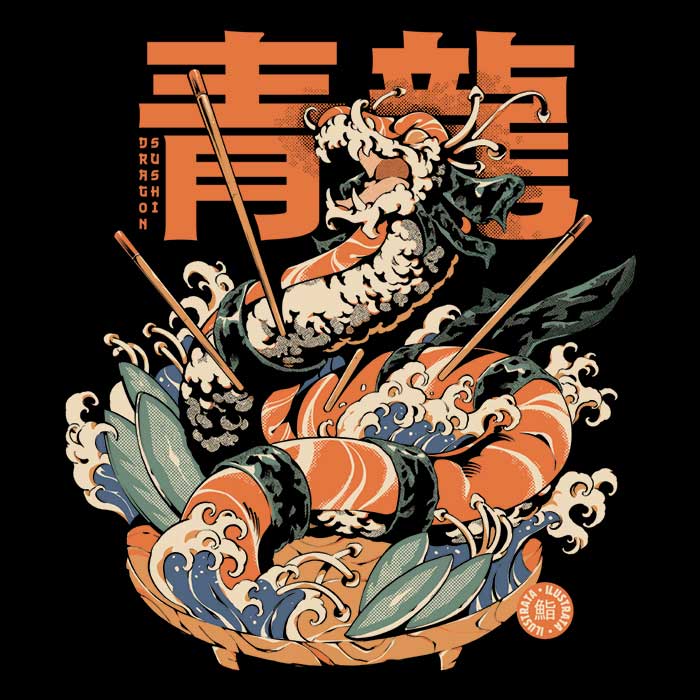 Ilustrata's Dragon Sushi 3/4 Sleeve Raglan Style Casual T-Shirt