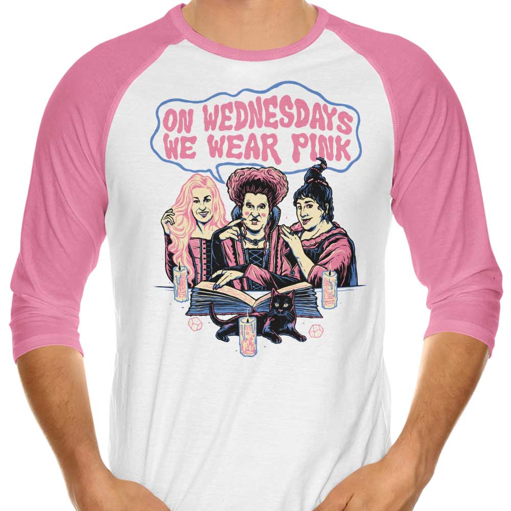 Pink-themed 3/4 Sleeve Raglan T-Shirt with 'Witches Wear Pink' Design by Momma Gorilla