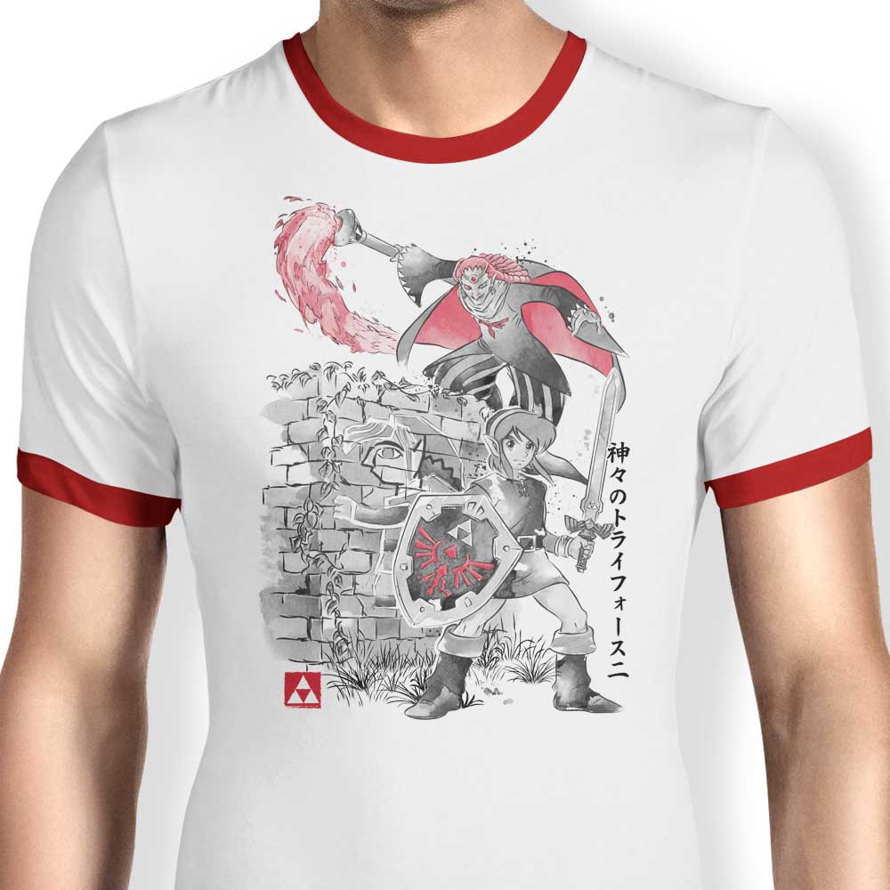 Dr. Monekers' Artistic 'Between Worlds Sumi - e' Men's Ringer Cotton T - Shirt