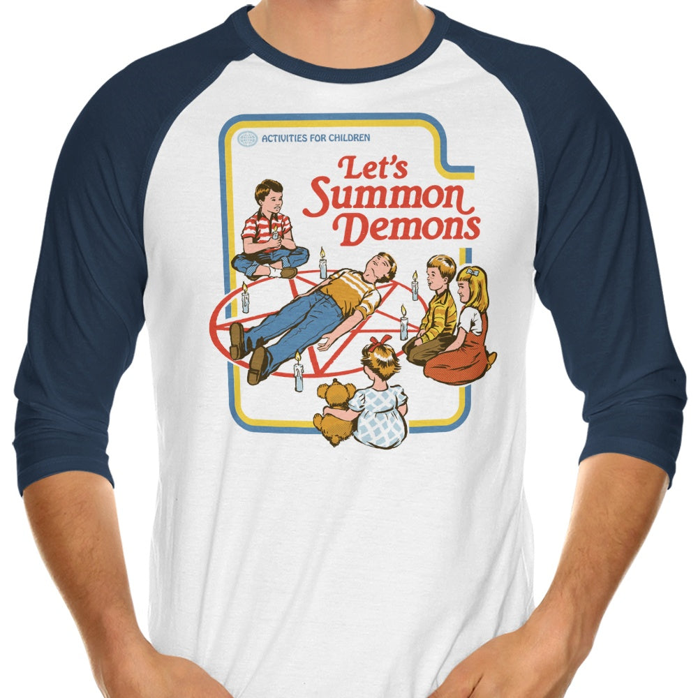 Stylish 3/4 Sleeve Raglan T-Shirt with 'Let's Summon Demons' Design