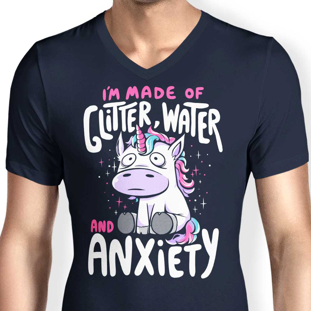 Men's V-Neck T-shirt with Glitter, Water-themed Design and Anxiety Elements