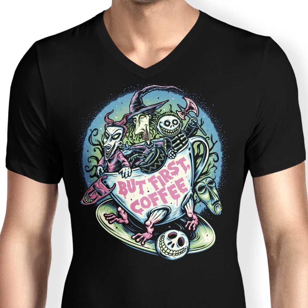Stylish Men's V-Neck - But First Coffee Design