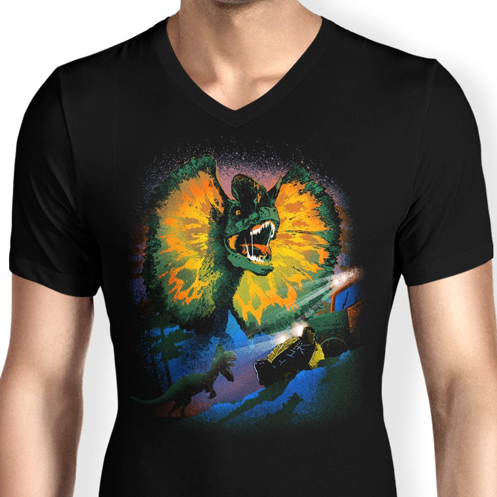 Men's V-Neck T-Shirt Featuring Dilophosaurus Design