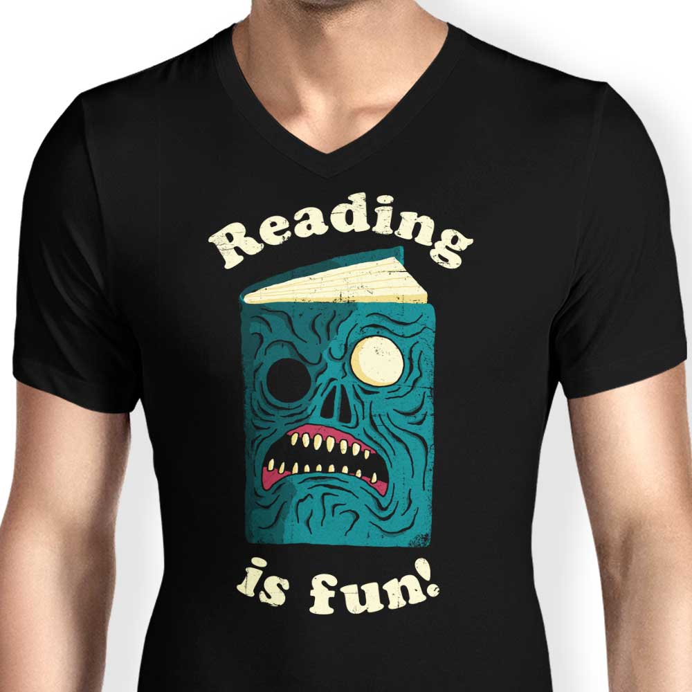 Men's Stylish V-Neck T-Shirt with 'Reading is Fun' Design