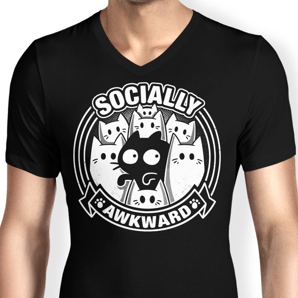 Men's V-Neck T-Shirt Featuring a Socially Awkward Cat Design