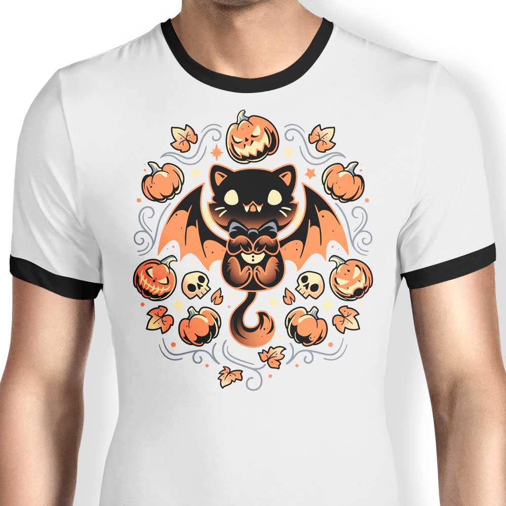 Midnight Vampire Cat Design Ringer Style T-Shirt for Fashion Lovers