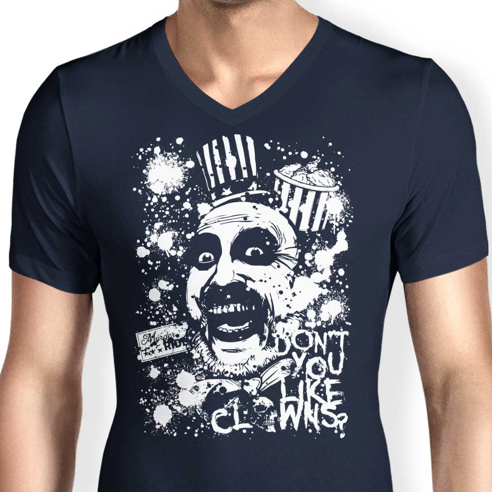 Men's Stylish V-Neck T-Shirt with 'Don't You Like Clowns' Design