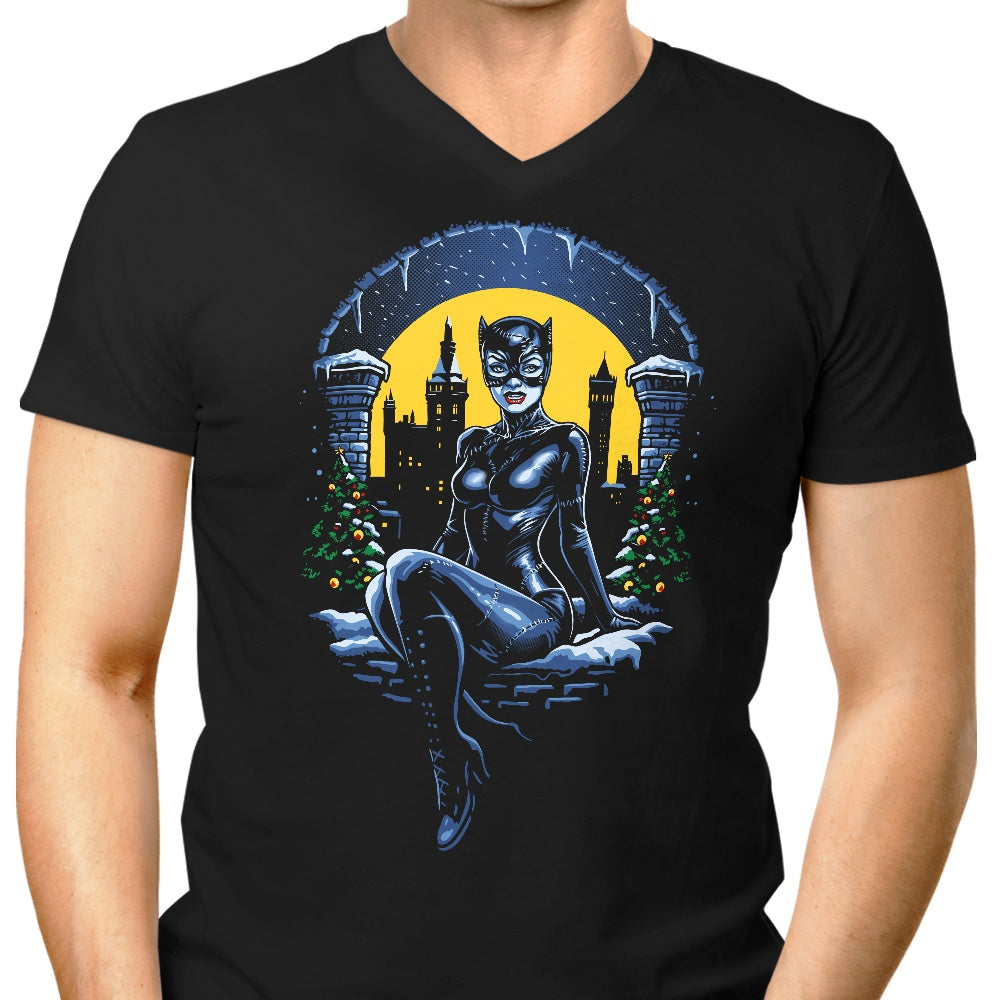 DAObiwan Men's Christmas-themed Kitty Print V-Neck T-shirt