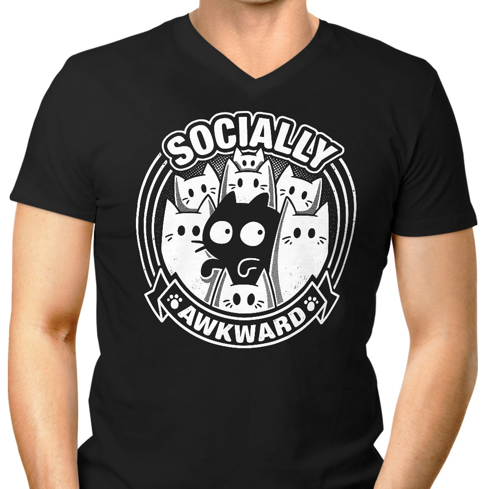Men's V-Neck T-Shirt Featuring a Socially Awkward Cat Design