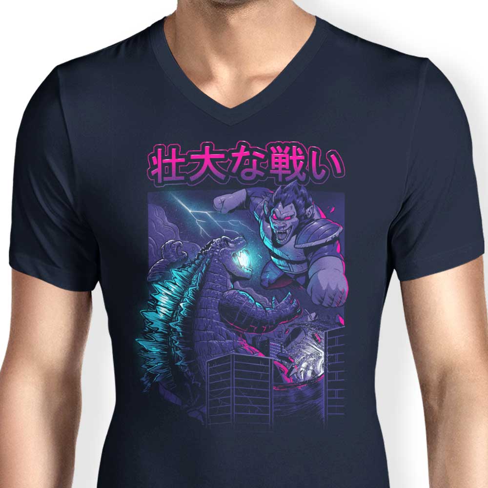 Epic Kaiju Battle Themed Men's V-Neck T-Shirt