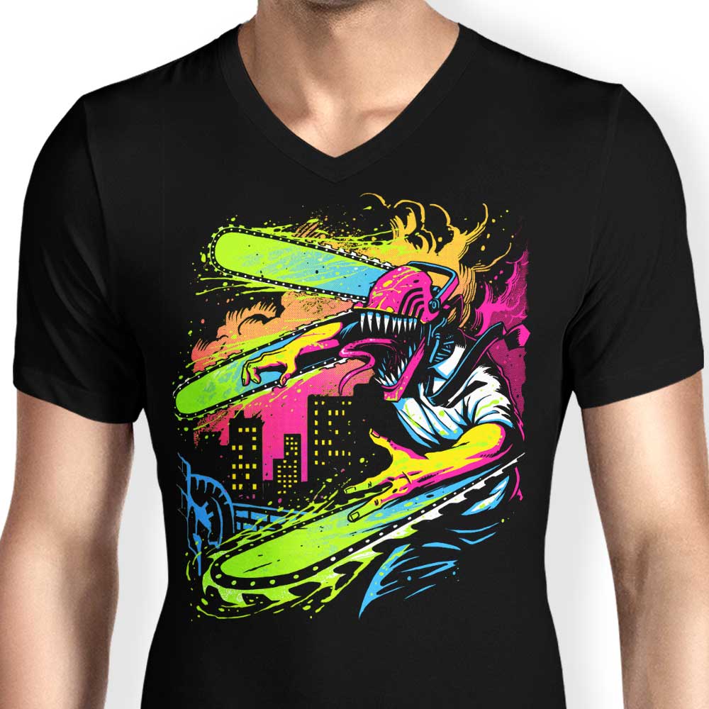 Men's Stylish Neon V-Neck Chainsaw T-Shirt