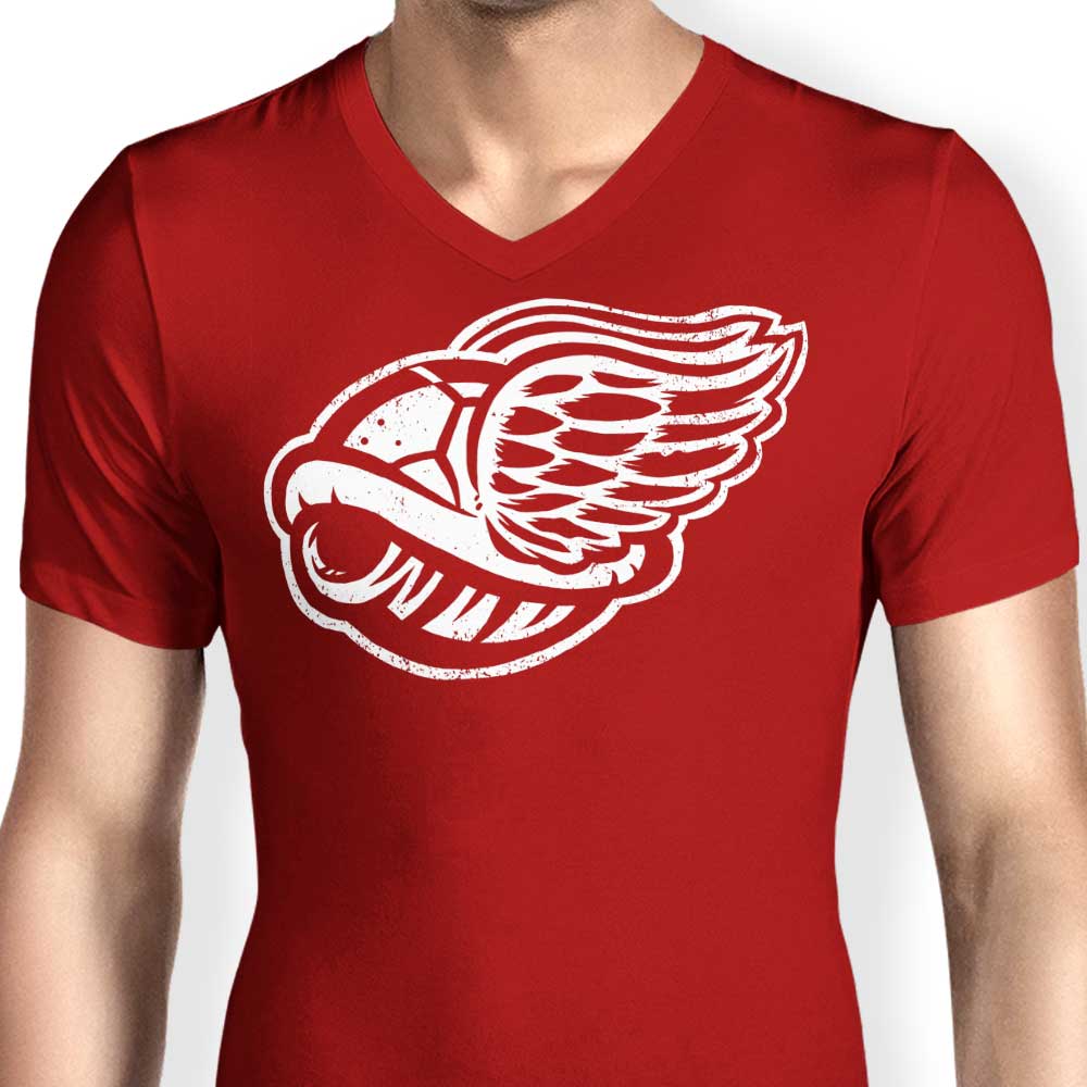 Men's V-Neck T-Shirt with Winged Turtle Shell Design