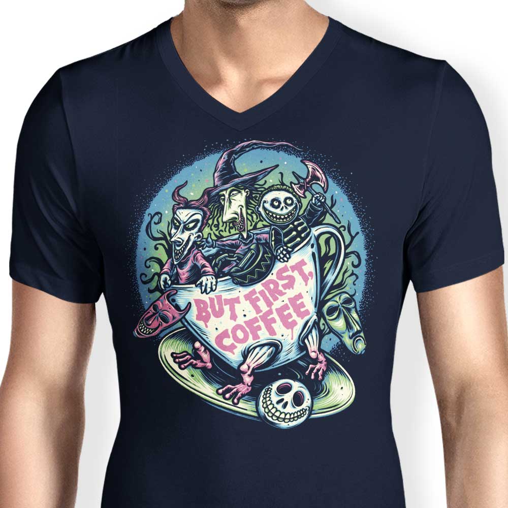 Stylish Men's V-Neck - But First Coffee Design