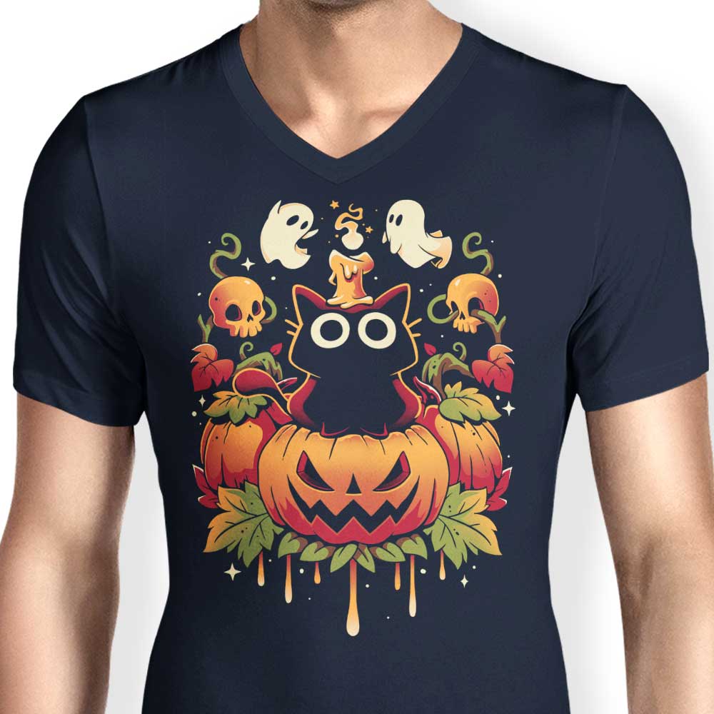 Men's V-Neck T-Shirt with Halloween Candle Trick Design
