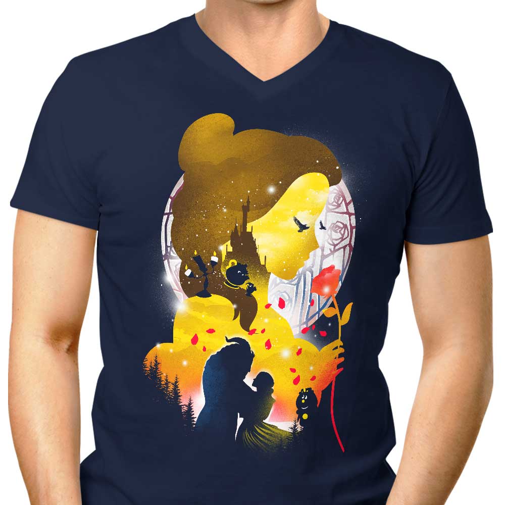Men's V-Neck T-Shirt with Village Princess Silhouette Design