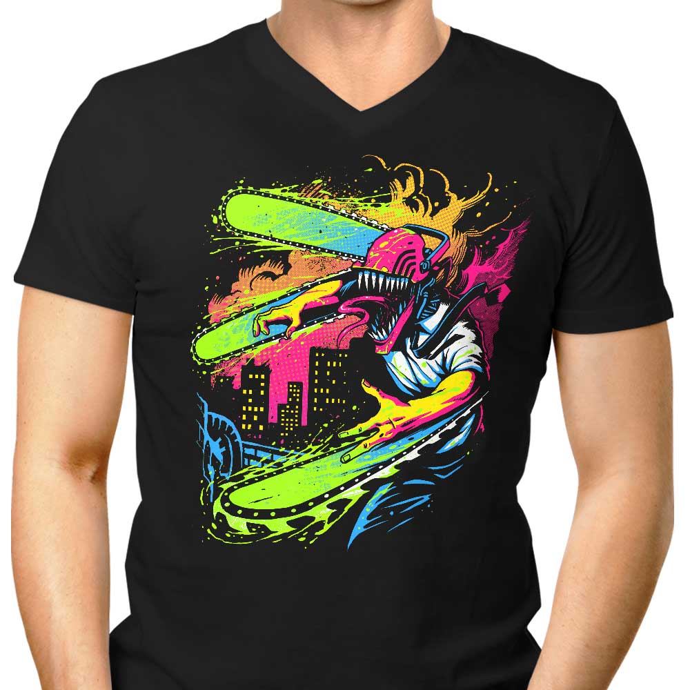 Men's Stylish Neon V-Neck Chainsaw T-Shirt
