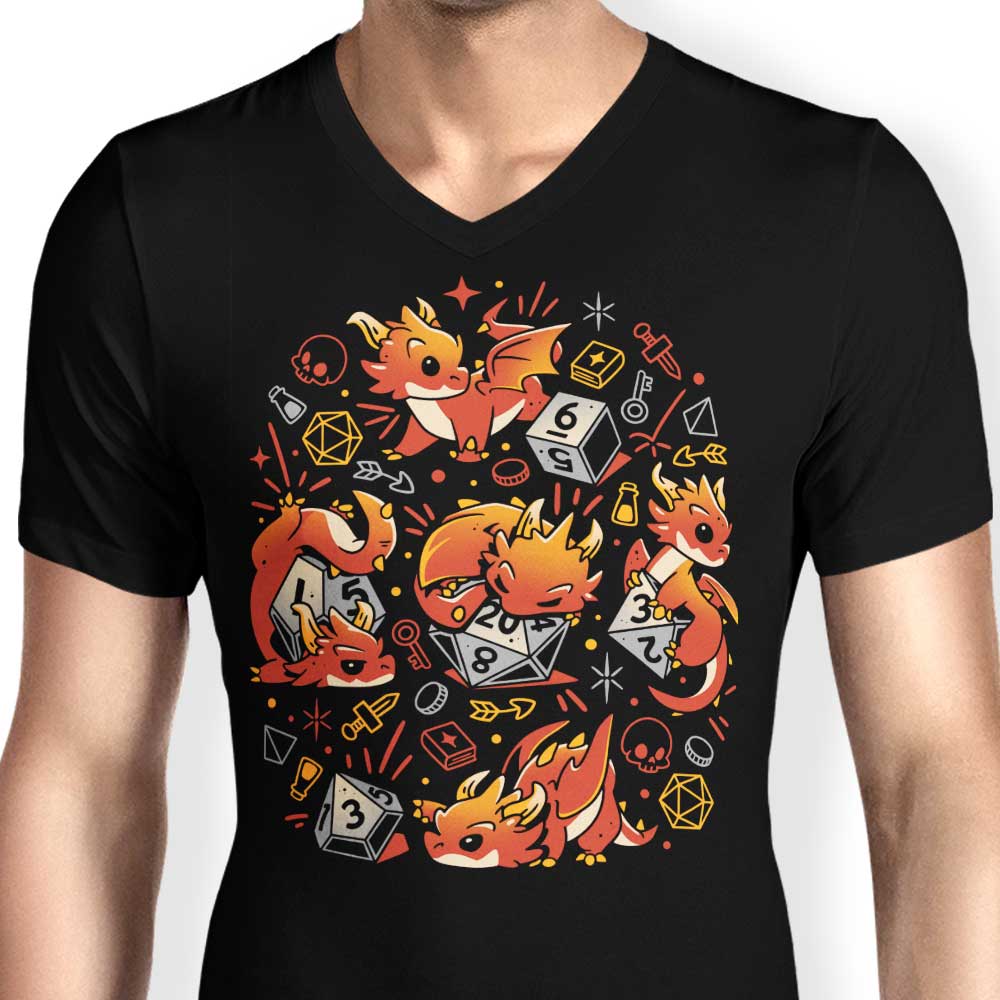 Men's V-Neck T-Shirt with Tiny Dragon Dice Design