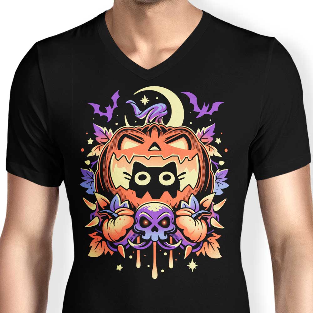 Men's Spooky Halloween Cat V-Neck T-Shirt