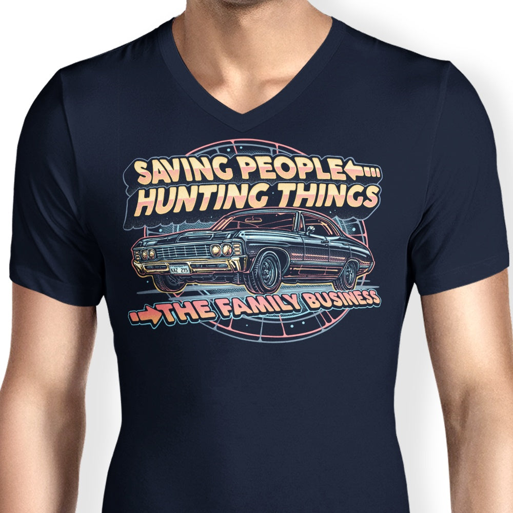 Men's V-Neck T-Shirt with 'Saving People, Hunting Things' Design