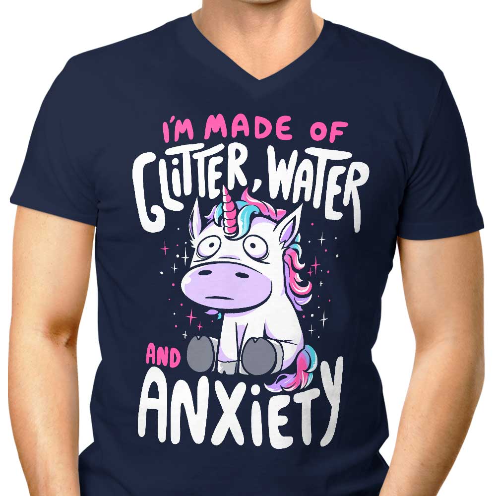 Men's V-Neck T-shirt with Glitter, Water-themed Design and Anxiety Elements