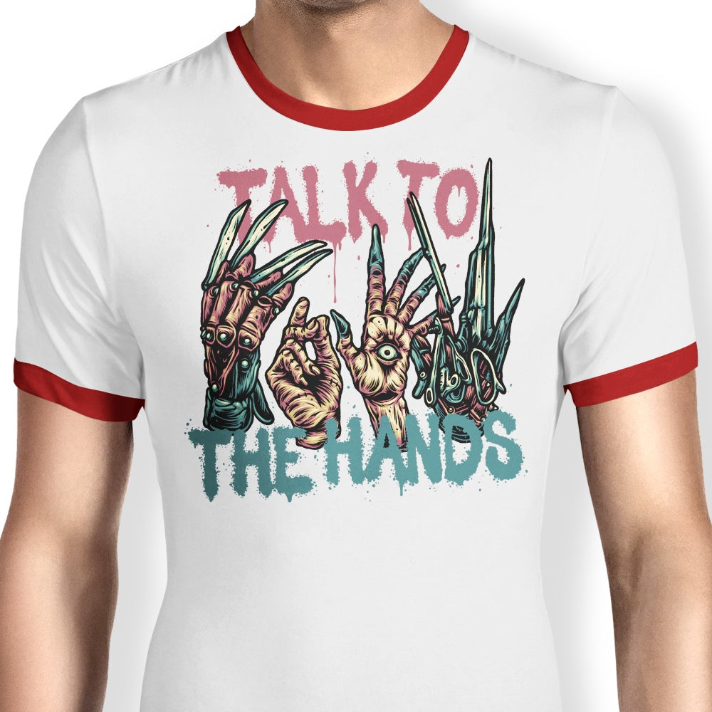 Glitchygorilla's Talk to the Hands Stylish Ringer T-Shirt for Trendy Wear