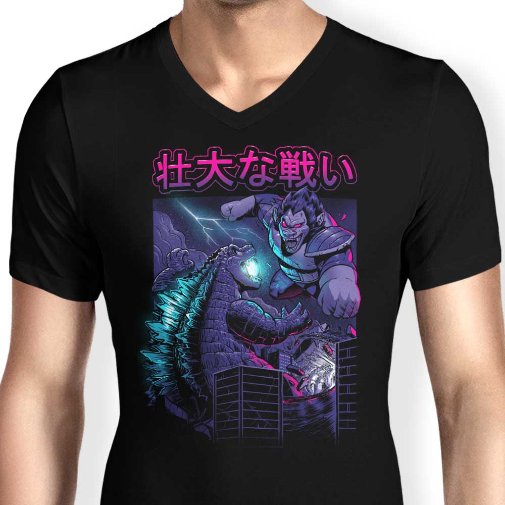Epic Kaiju Battle Themed Men's V-Neck T-Shirt