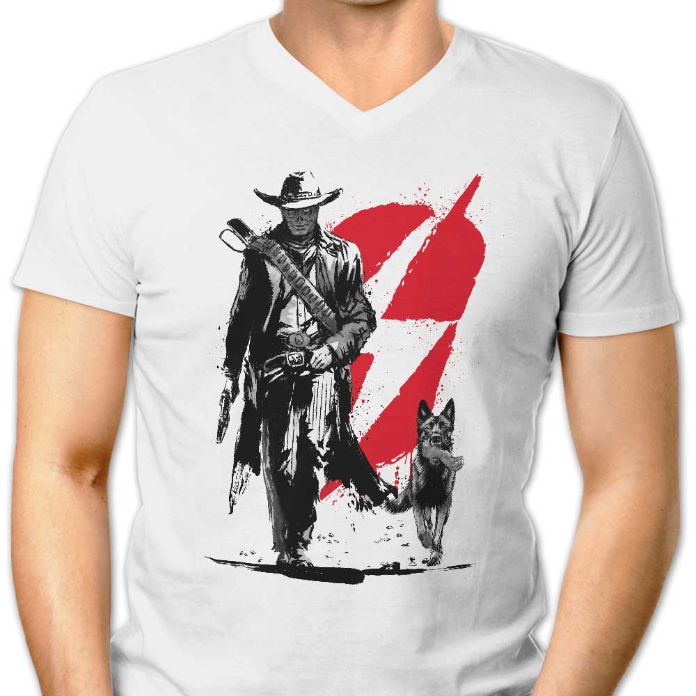 Men's V-Neck T-Shirt Featuring the 'Lone Ghoul and Cub' Design