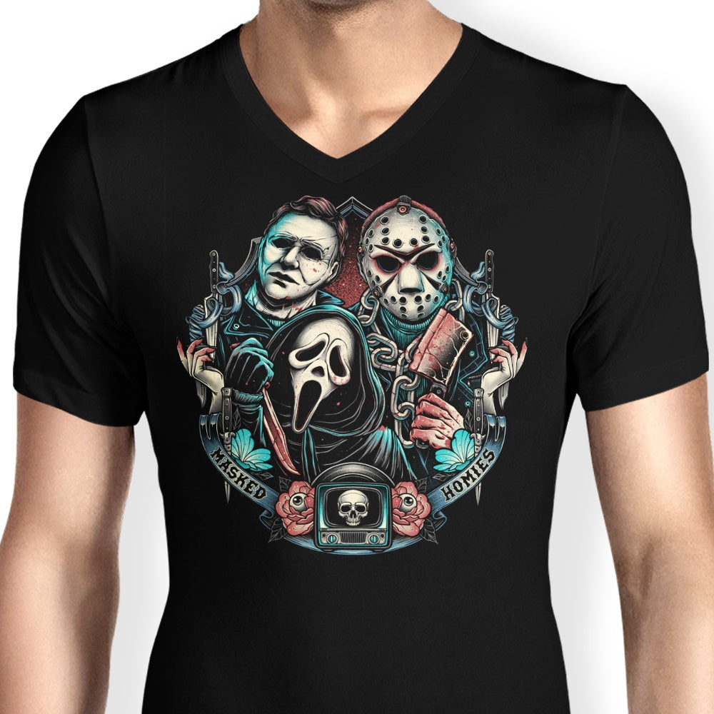 Glitchygorilla Men's Stylish V-Neck Masked Homies T-Shirt