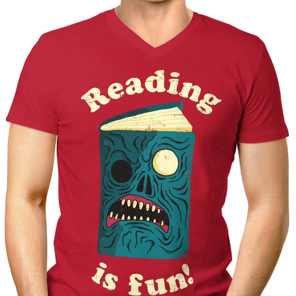 Men's Stylish V-Neck T-Shirt with 'Reading is Fun' Design