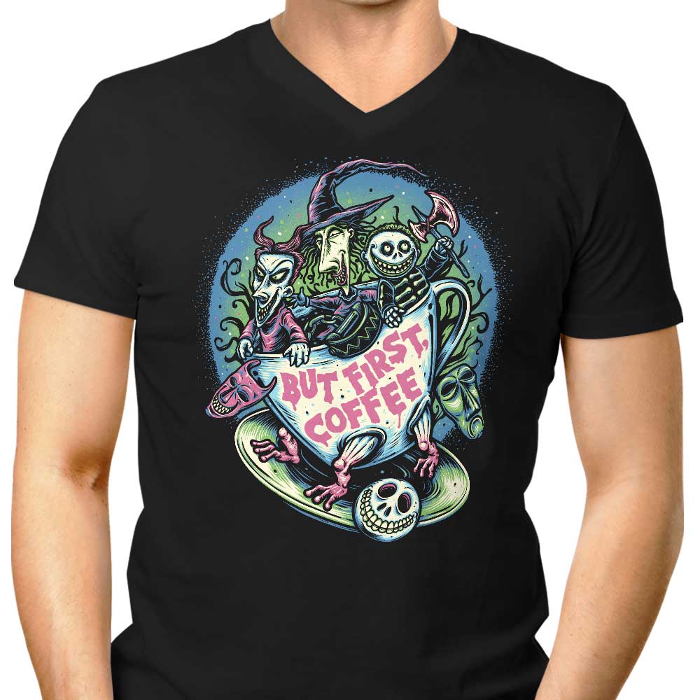 Stylish Men's V-Neck - But First Coffee Design