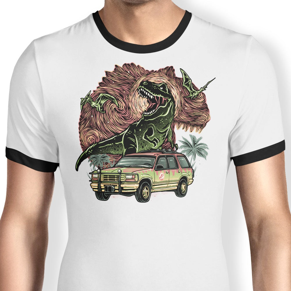 Adventurous Dino Expedition Ringer T - Shirt for Thrill - Seekers