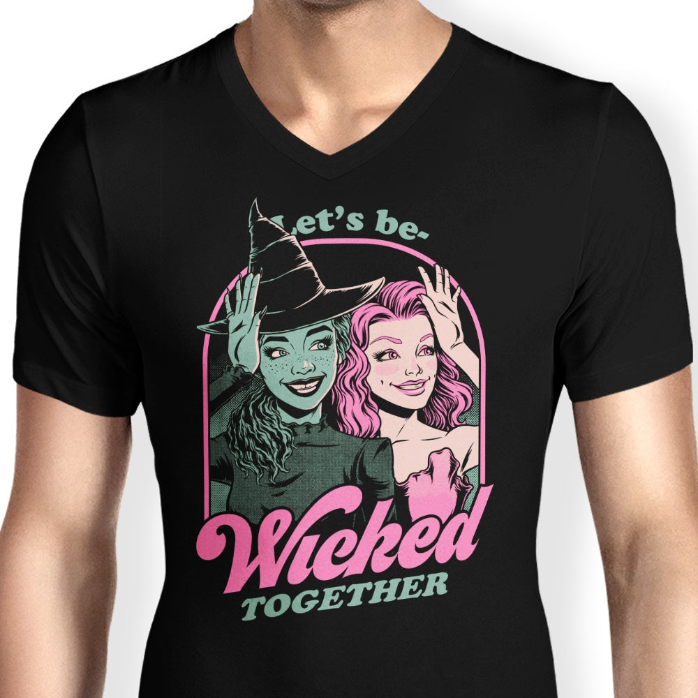 Men's Stylish V-Neck T-Shirt with Green and Pink Witches Design