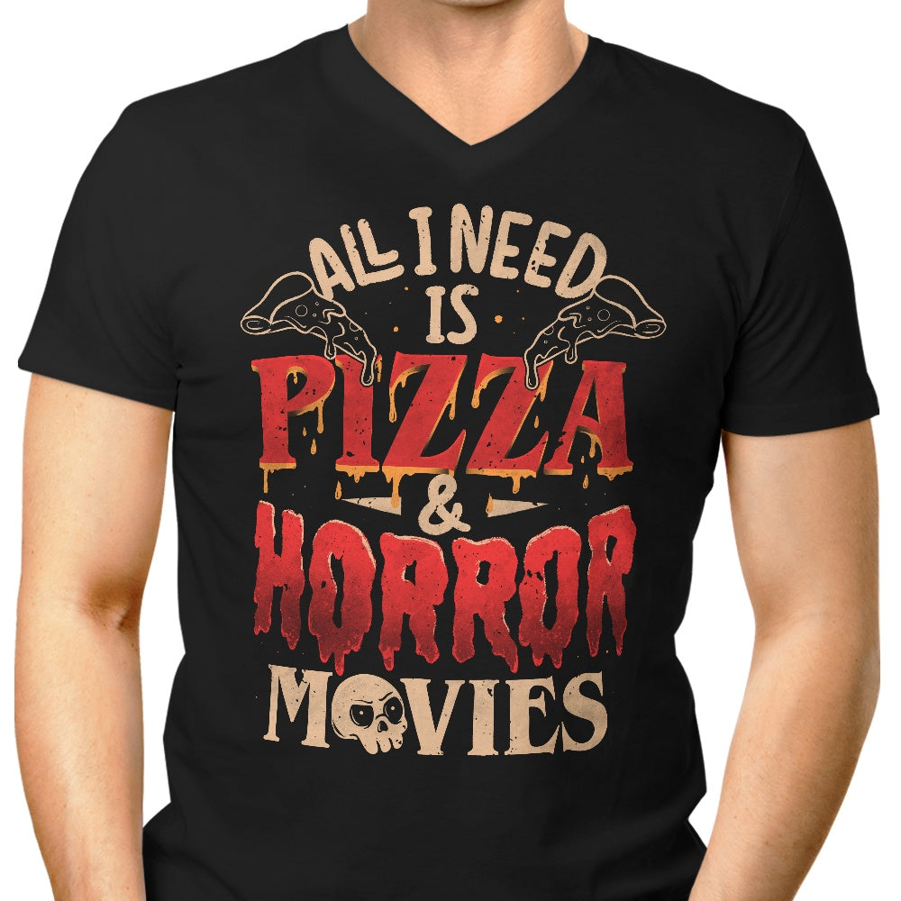 Men's Stylish V-Neck 'Pizza and Horror' T-Shirt
