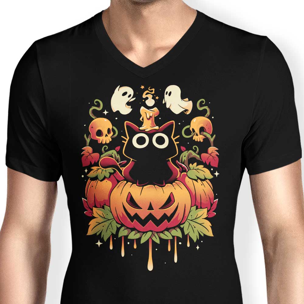 Men's V-Neck T-Shirt with Halloween Candle Trick Design