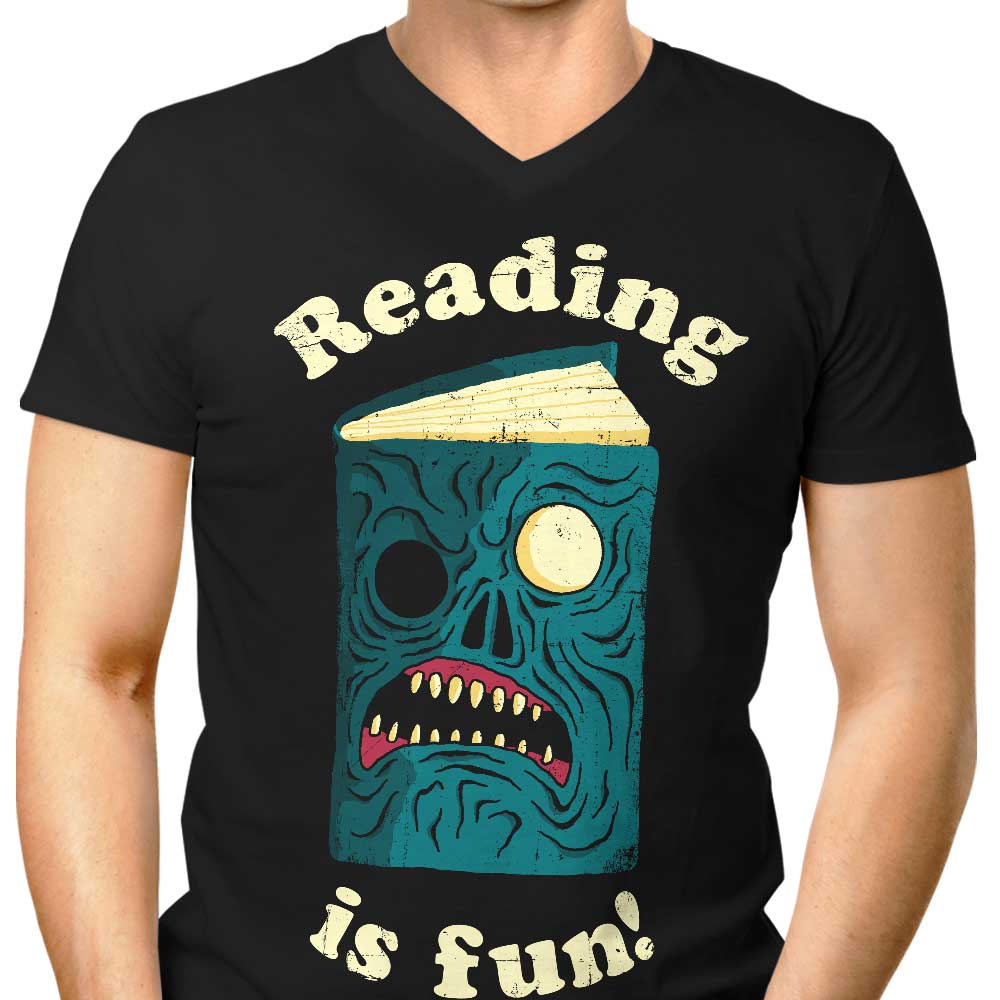 Men's Stylish V-Neck T-Shirt with 'Reading is Fun' Design