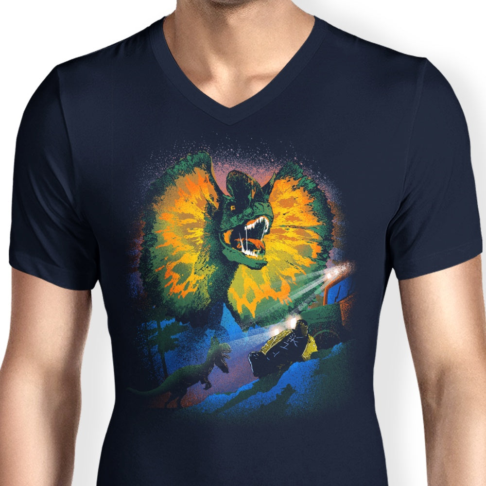 Men's V-Neck T-Shirt Featuring Dilophosaurus Design