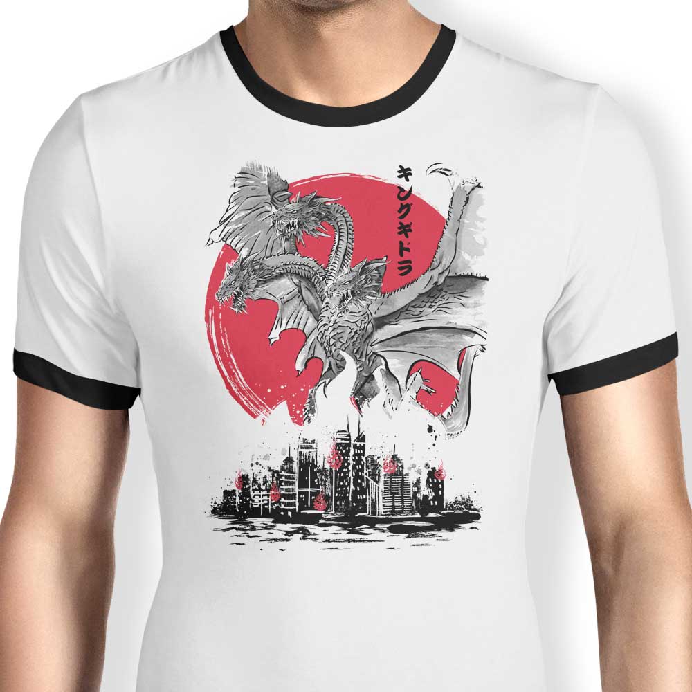 Dr. Monekers' Terrifying King Rising Sumi - e Design Men's Ringer T - Shirt