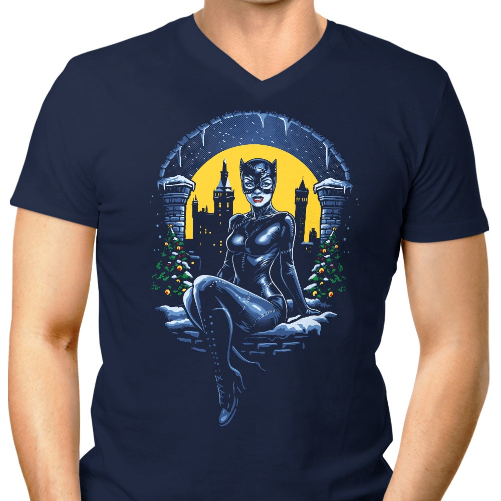 DAObiwan Men's Christmas-themed Kitty Print V-Neck T-shirt